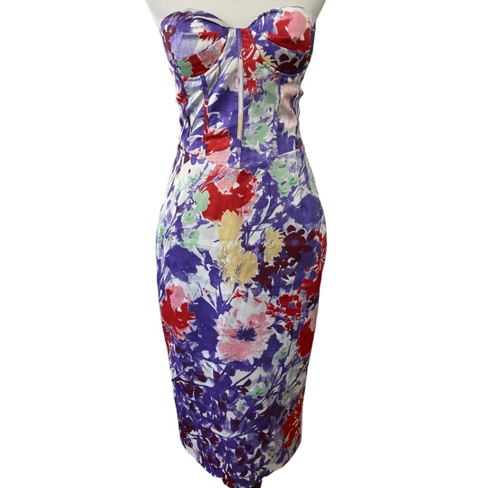 Lavish Alice Purple Floral Satin Corset Bandeau Strapless Midi Cocktail Dress 6